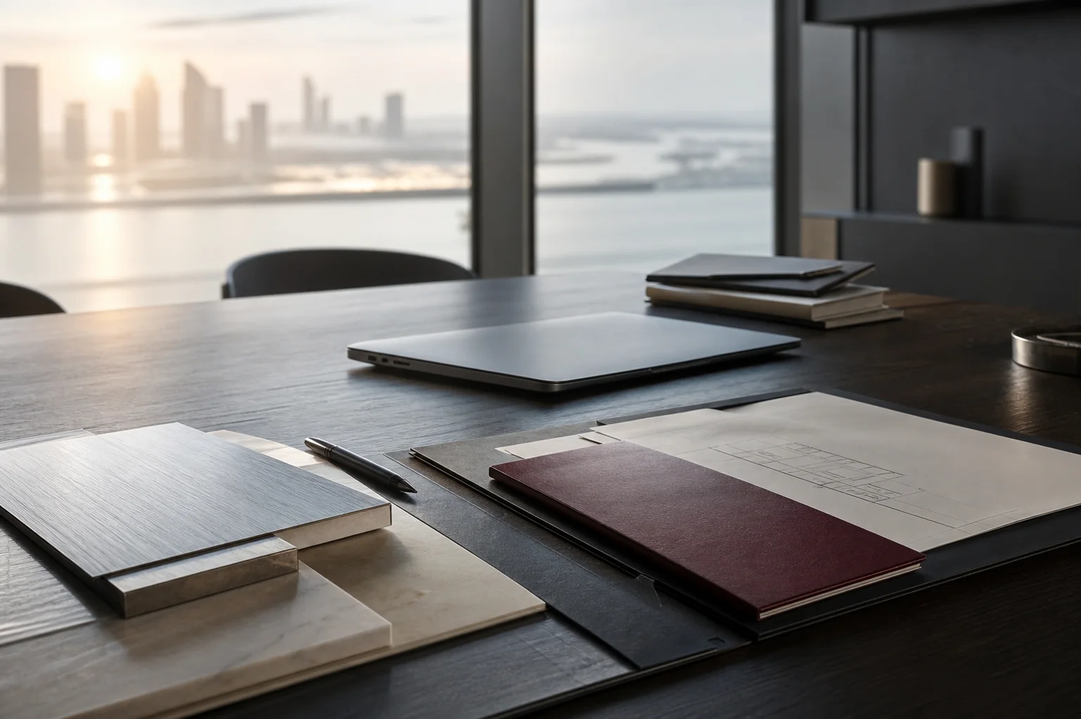 Quiet project worktable near an Abu Dhabi office window