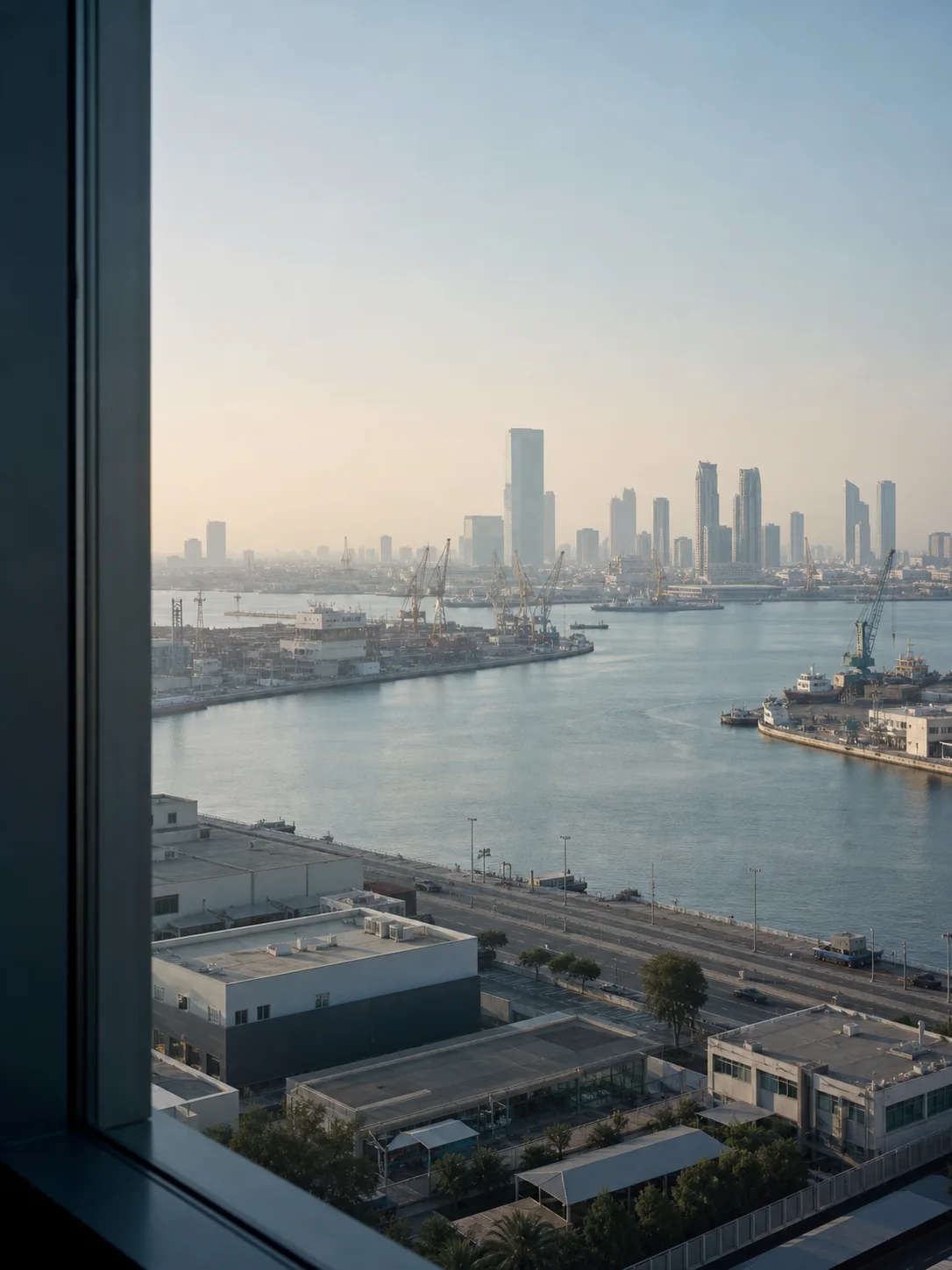 Abu Dhabi waterfront and industrial district seen from an office window